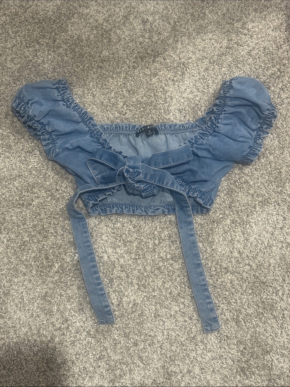 Blue Blush Denim Tie-Front Puff Sleeve Crop Top
